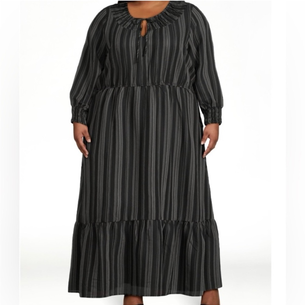 Terra & Sky Long Sleeve Peasant Maxi Dress Black Stripes Boho Women’s Size 1X